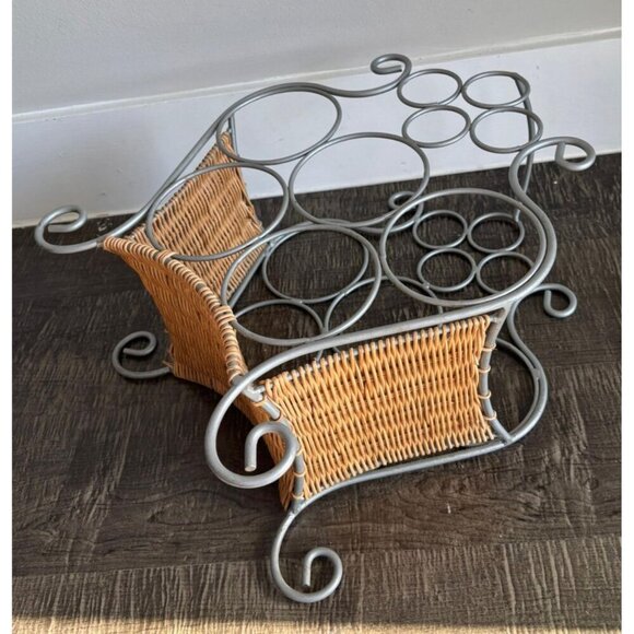 Vintage Wicker Wine Bottle Holder Rack Metal Stand Storage Decor - Picture 6 of 8